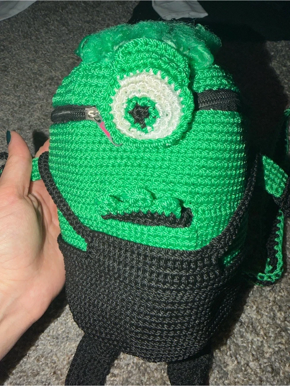 Hand Crafted Green and Black Crochet Monster Backpack